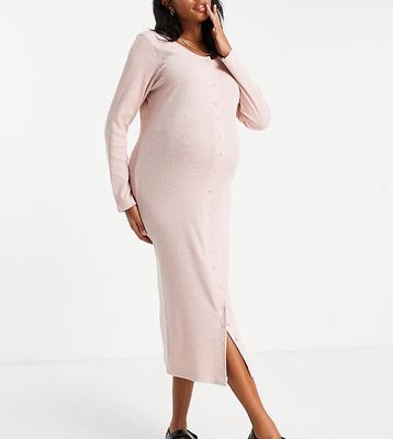 River Island Maternity ribbed jersey snap front midi dress in pink heather