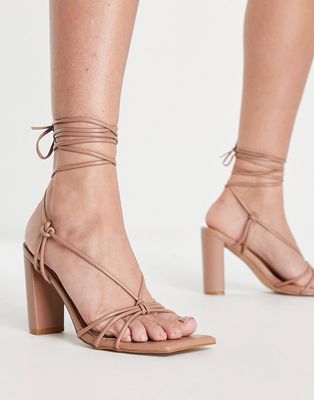 Simmi London Heidi heeled sandals with ankle tie in camel-Neutral