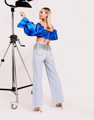 ASOS LUXE wide leg jean with diamante trim in mid wash blue-Blues