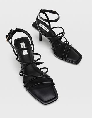 Stradivarius strappy heeled sandal with square toe in black