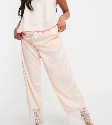 Loungeable Petite lace satin cami pajama pants in pale pink-Blues