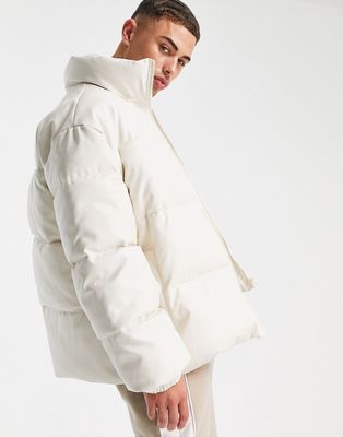 Topman faux leather puffer jacket in ecru-White