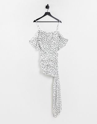 In The Style x Jac Jossa cowl front draped shoulder mini dress with train in polka dot print-Multi