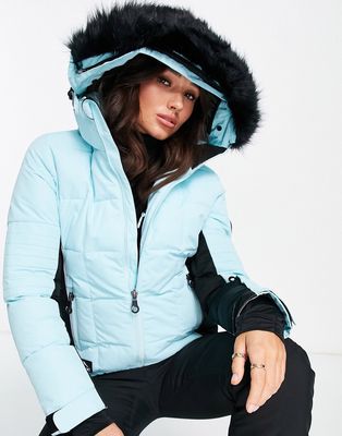 Surfanic Luna removable faux fur hood insulated ski jacket in blue