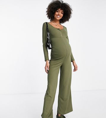 River Island Maternity ribbed snap front jumpsuit in khaki-Green