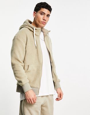 Jack & Jones Originals oversized zip hoodie in teddy borg crockery-Neutral