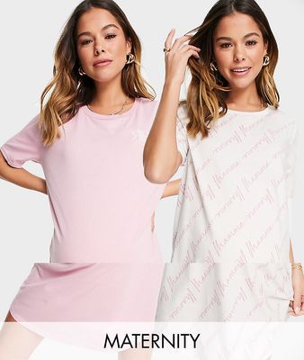 River Island Maternity 2-pack T-shirt night dresses in pink & cream-Multi