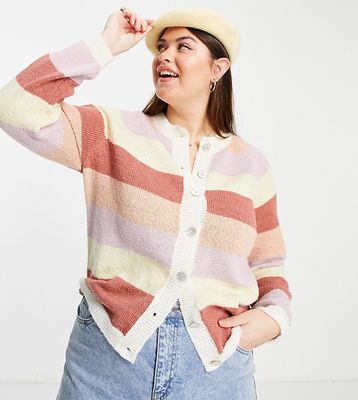 Pieces Curve pastel stripe cardigan with shell buttons in multi