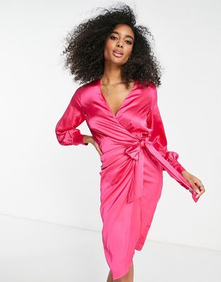 Never Fully Dressed satin wrap midi dress in fuchsia pink