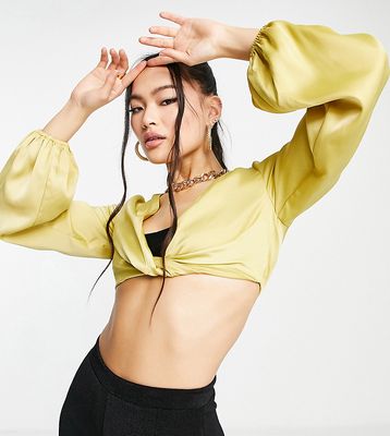 Aria Cove satin knot front crop top in lime - part of a set-Green