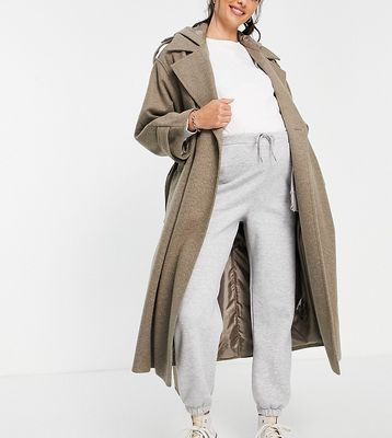 ASOS DESIGN Maternity slouchy belted coat with hood in mushroom-Grey