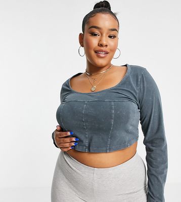 ASOS DESIGN Curve exposed seam corset with long sleeve in washed gray-Grey