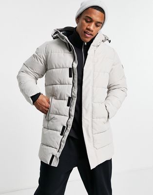 Only & Sons waterproof longline puffer coat with hood in light gray-Grey