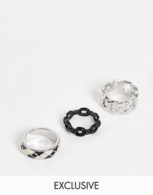Reclaimed vintage inspired mixed harlequin and chain rings in silver 3 pack