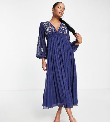 ASOS DESIGN Petite textured twist front pleated midi dress with all-over embroidery in navy