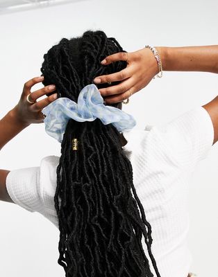 Pieces oversized organza scrunchie in aqua blue check-Multi