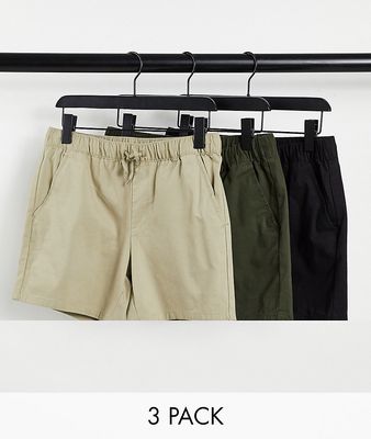 ASOS DESIGN 3 pack slim chino shorts with elastic waist save-Multi