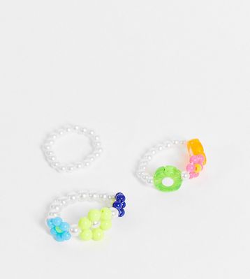 Reclaimed Vintage inspired unisex stretch ring pack with 90's flower beads in faux pearl-Multi