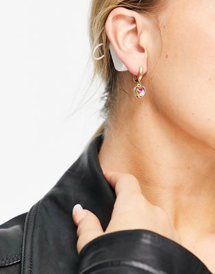 DesignB London Exclusive huggie hoop earrings with beaded drop in gold