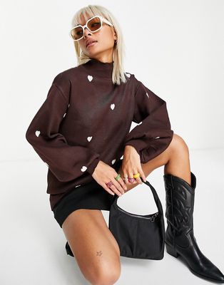 Heartbreak high neck sweater with heart print in chocolate brown