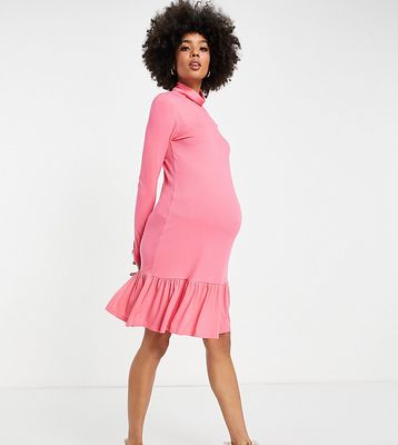 Mamalicious Maternity long sleeve ruffle hem mini dress in pink