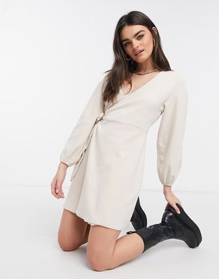 Fashion Union cozy mini wrap dress in brushed jersey-Neutral