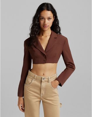 Bershka open back cropped blazer in chocolate - part of a set-Brown