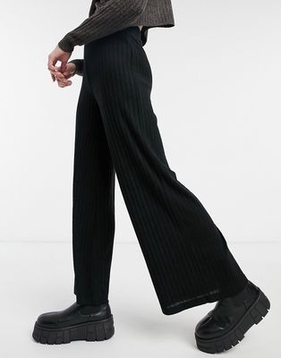 Loungeable mix & match soft knit ribbed wide leg pants in black