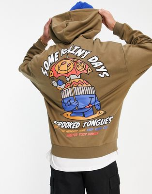 Crooked Tongues hoodie with 'Some Rainy Days' character print in brown