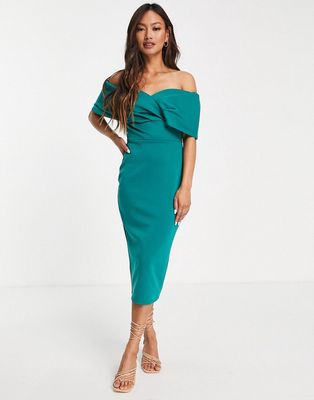 True Violet off shoulder body-conscious midi dress in emerald green