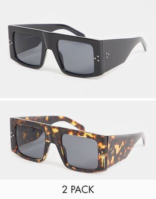 SVNX 2 pack round sunglasses in black tort-Multi