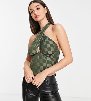 Missguided Tall satin checkerboard halter corset top in khaki - part of a set-Green