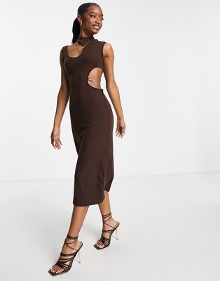 Trendyol high neck midi dress with cut outs and chain detail in brown