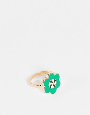 Vintage Supply flower power ring in green enamel