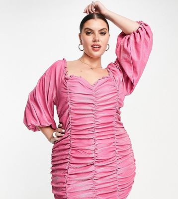 Collective the Label Curve exclusive ruched volume sleeve mini dress in glitter pink
