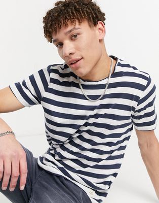Jack & Jones Originals t-shirt in longline curve hem stripe in navy & white-Blues
