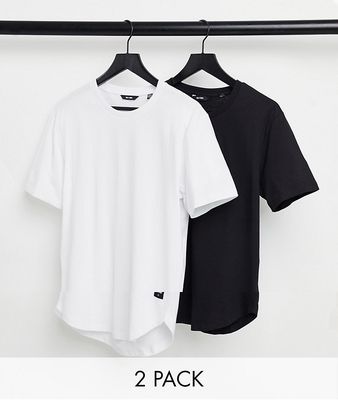 Only & Sons 2 pack longline curved hem t-shirt in black & white-Multi