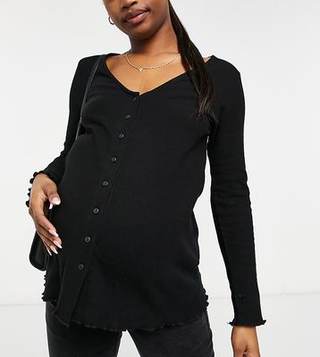 ASOS DESIGN Maternity button front top in waffle in black