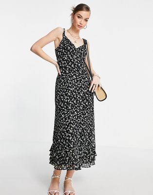 & Other Stories floral print ruffle edge midi dress in black