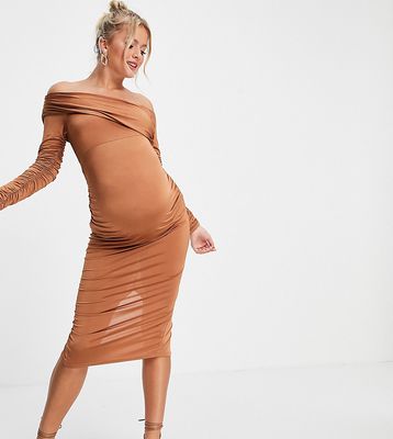 ASOS DESIGN Maternity ruched off shoulder body-conscious midi dress-Multi