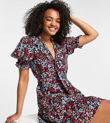 Wednesday's Girl mini smock dress with tie collar in wallpaper floral-Multi
