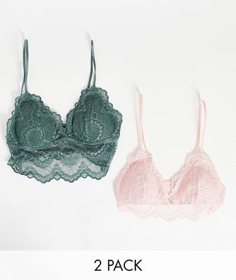 Dorina Mia lightly padded longline lace bralette 2 pack in green and pink-Multi