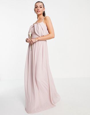TFNC bridesmaid drape shoulder asymmetric maxi dress in mink-Pink