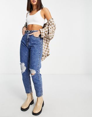 Pull & Bear mom jeans with rips in dark blue-Blues