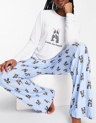 Loungeable frenchie dog long pajama set in blue