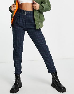 Heartbreak belted tailored pants in navy and green check