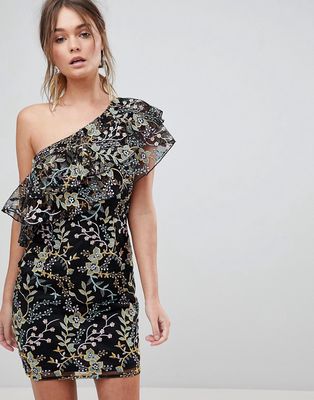 Dolly & Delicious Floral Embroidered One Shoulder Ruffle Mini Dress-Multi