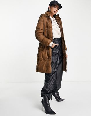 Vero Moda hooded midi padded coat in chocolate-Brown