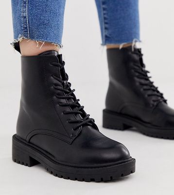 RAID Wide Fit Exclusive Micah black lace up flat boots with black eyelets