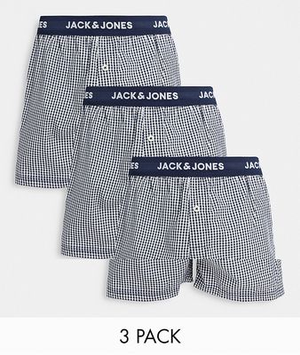Jack & Jones 3 pack woven boxers in gingham navy